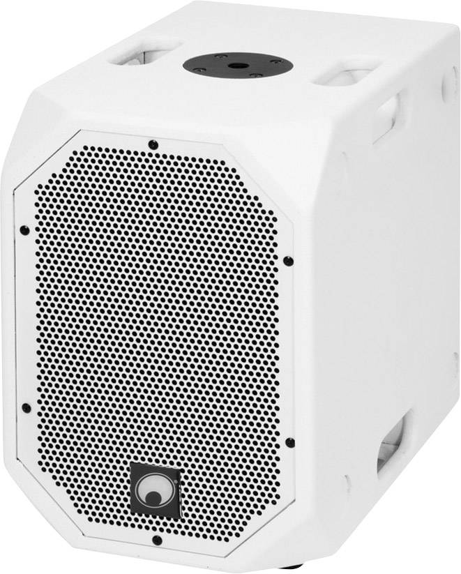 Boîte d'enceinte blanche avec grille noire et poignées de transport sur les côtés.