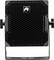 Haut-parleur noir avec facade structurée et logo carré en haut. Supports latéraux torsadés pour la fixation.