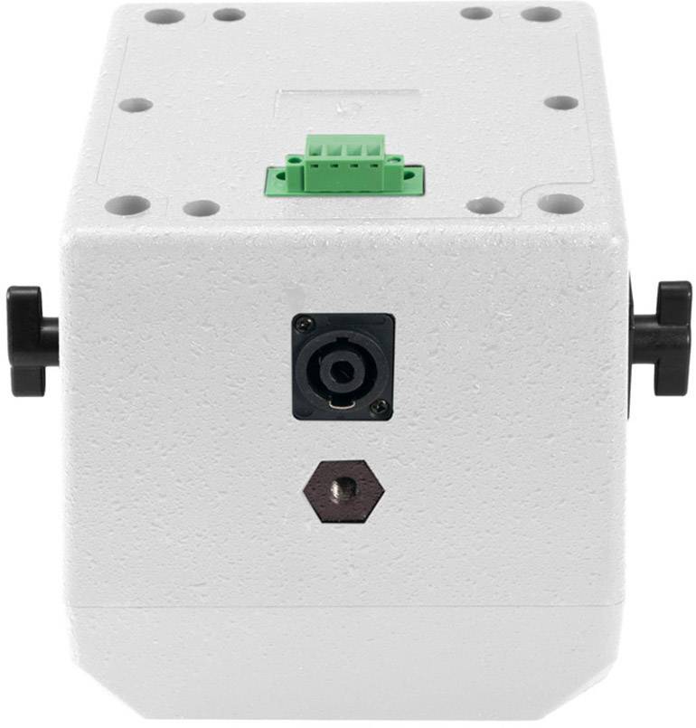 Un appareil rectangulaire blanc avec des ports d'entrée et de sortie à l'avant, une connexion noire et un module enfichable vert sur le dessus.