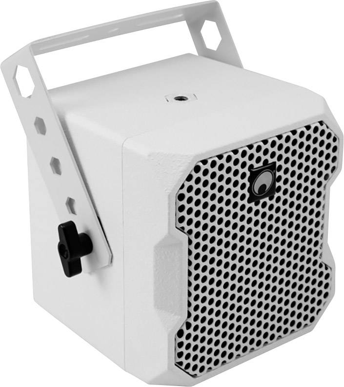 Boîte d'enceinte blanche avec grille noire et support de montage, élément de fixation réglable latéralement, adapté pour une installation murale.