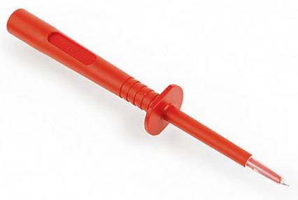 Porte-pointe de test rouge pour appareils de mesure électriques, avec manchette de protection et pointe métallique, pour des mesures de tension en toute sécurité.