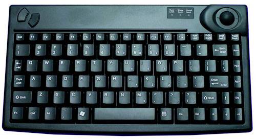 Un clavier d'ordinateur noir avec un trackball situé en haut à droite. Les fonctionnalités comprennent des touches standard ainsi que des touches de contrôle spéciales.