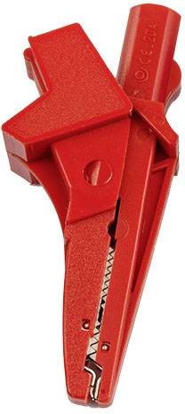 Pince crocodile rouge avec charnière métallique, généralement utilisée dans le domaine électrique pour établir des connexions temporaires.