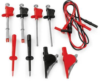 Un ensemble de huit appareils de test électriques : quatre pointes de test en rouge et noir, deux pinces crocodile et deux câbles avec fiches.