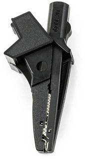 Une pince crocodile électrique noire, utilisée pour connecter temporairement des fils dans des circuits électriques.