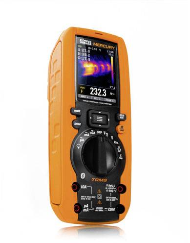 Un thermomètre infrarouge portable affiche un écran thermique et mesure actuellement une température de 232,3 degrés Celsius.