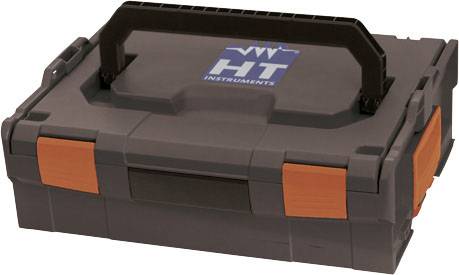 Mallette de transport avec boîtier noir et fermetures orange, portant le logo de 'HT Instruments'.
