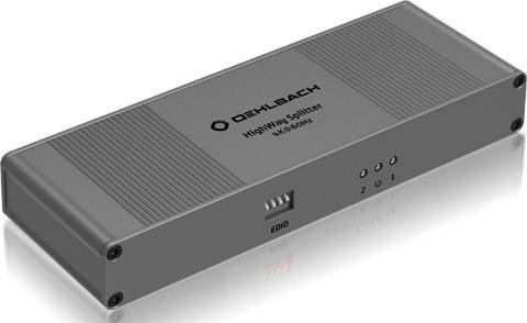 Un répartiteur HDMI gris portant l'inscription 'Highway Splitter MX 4K60Hz'. Il dispose de quatre boutons sur sa façade avant.