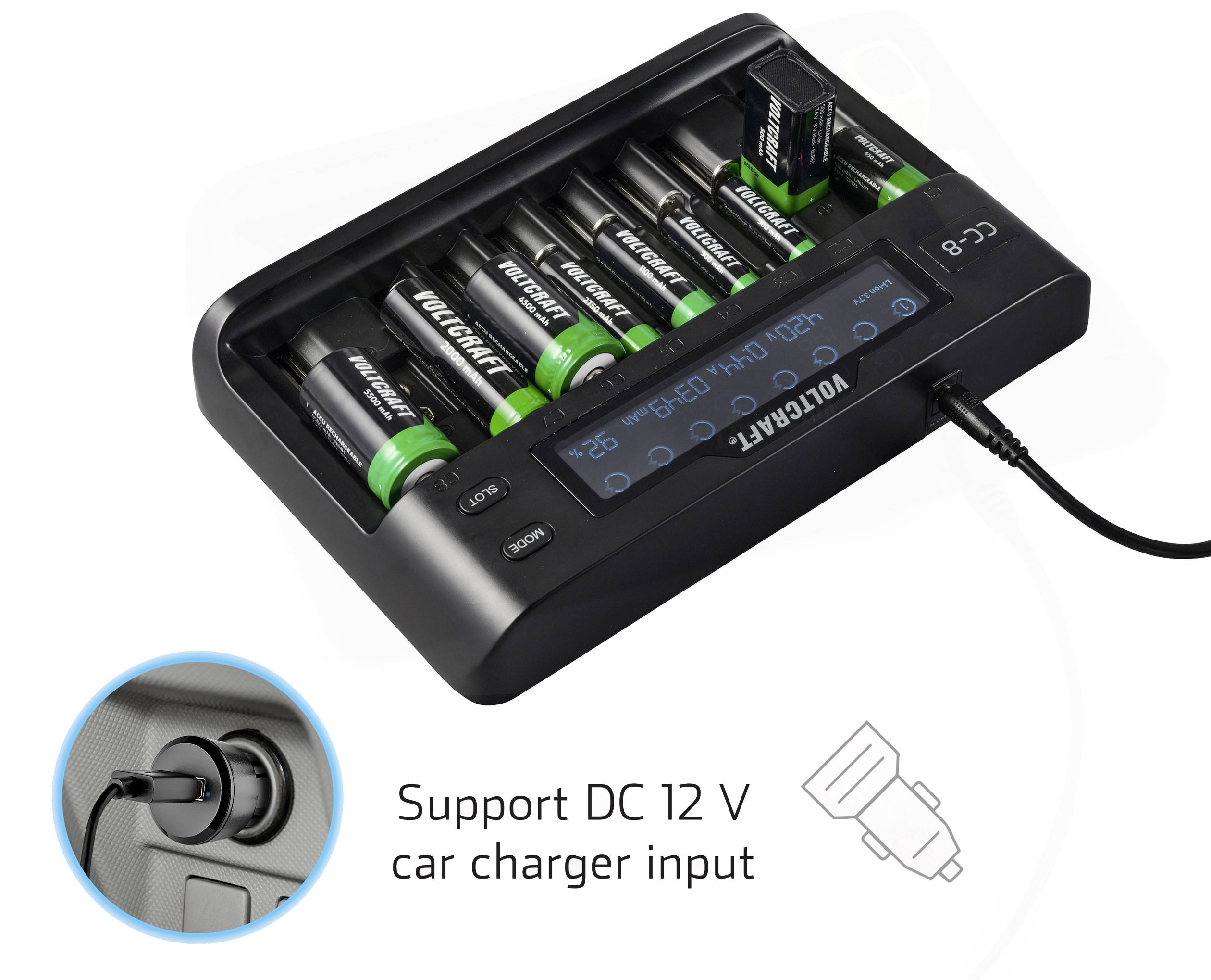 Chargeur avec affichage indiquant l'état de charge de huit batteries. Indication en bas à gauche sur la prise en charge de la charge automobile en 12 V CC.