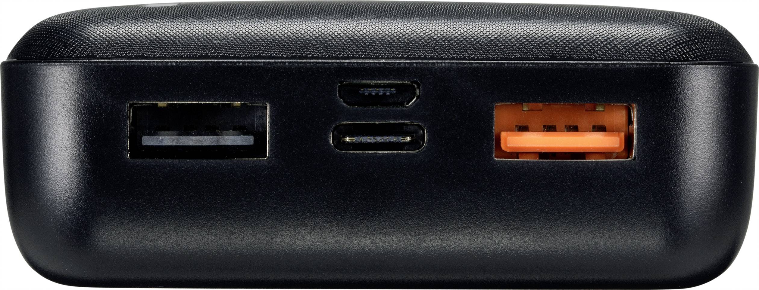 Batterie externe noire à trois ports : un port USB-A, un port USB-C et un connecteur marqué en orange, vue de face.