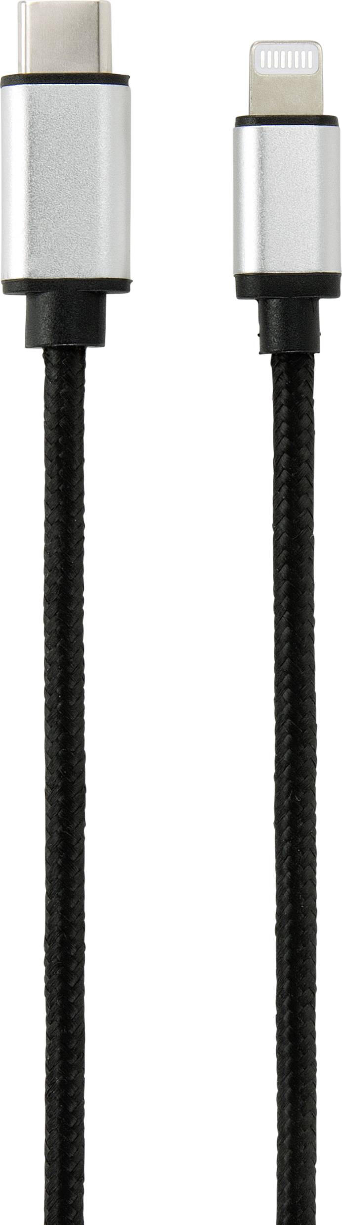 Un câble USB-C vers Lightning avec gaine noire et connecteurs argentés, adapté pour charger et synchroniser les appareils Apple.