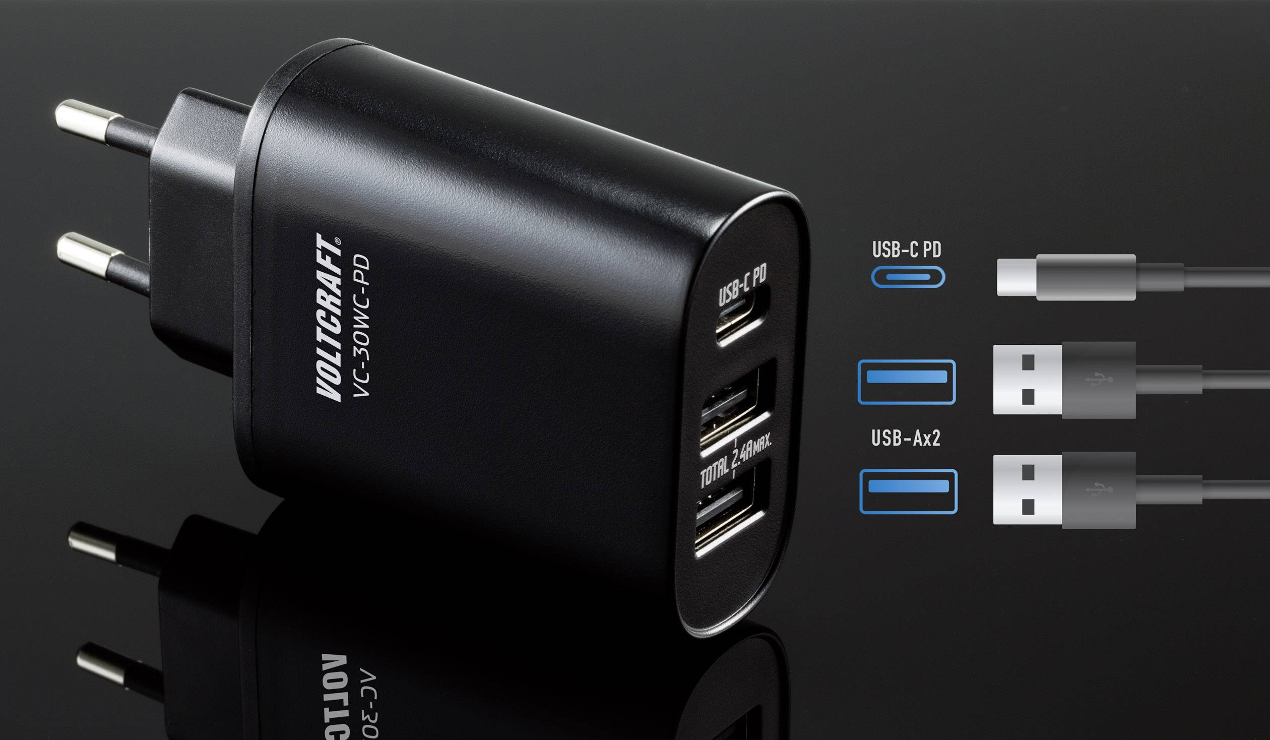 VOLTCRAFT;VC-30WC-PD;Chargeur USB30 W 1x USB-C, 2x USB-A.-8