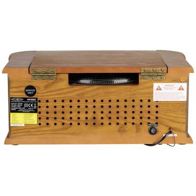 Vue arrière d'un poste de radio en bois avec des fentes de ventilation, un autocollant de service et un branchement secteur. Les autocollants indiquent des précautions à prendre.