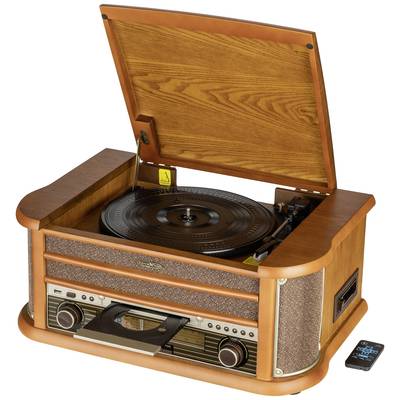 Une platine tourne-disque rétro en bois avec le couvercle ouvert. Un disque vinyle est posé sur le plateau. À côté se trouve une petite télécommande.