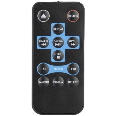 Télécommande noire avec touches bleues et grises pour lecture, pause, arrêt, enregistrement et contrôle des pistes.