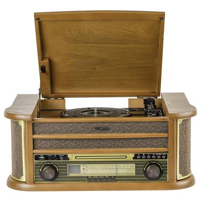 Lecteur de disques vinyles vintage en bois avec couvercle ouvert, montrant une platine, un tuner radio et des haut-parleurs intégrés.