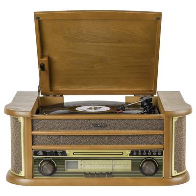 Console tourne-disque vintage en bois avec le couvercle ouvert, montrant un disque vinyle et les commandes de la platine.