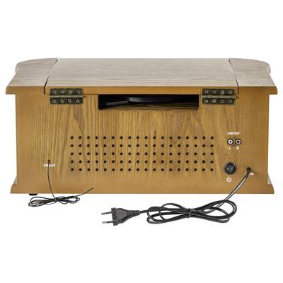 Unité radio ou haut-parleur de style bois avec grille avant, bouton d'alimentation, fil d'antenne FM, prises de sortie ligne et cordon d'alimentation attaché.