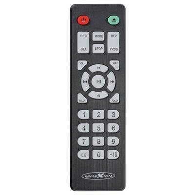 Télécommande Black Reflexion avec bouton d'alimentation rouge, enregistrement, mode, arrêt, programme, volume, canal, commandes repliables et pavé numérique.