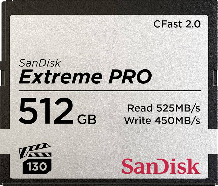 Carte mémoire 'SanDisk Extreme PRO CFast 2.0' de 512 Go. Vitesse de lecture : 525 Mo/s, vitesse d'écriture : 450 Mo/s.