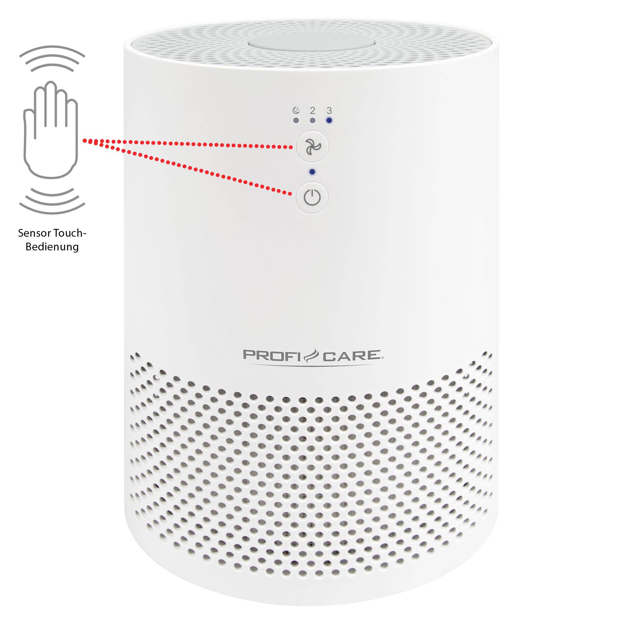 Purificateur d'air : forme cylindrique blanche avec des capteurs de commande tactile pour trois niveaux de vitesse sur le dessus.