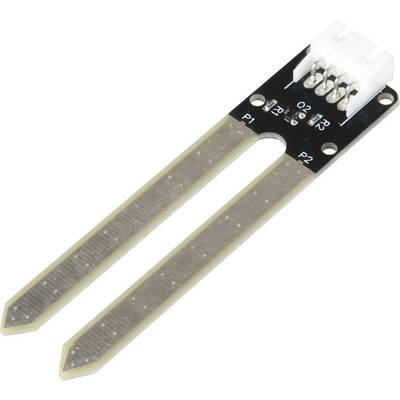 Un capteur d'humidité avec deux sondes métalliques et une fiche blanche sur un support noir, pour mesurer l'humidité du sol.