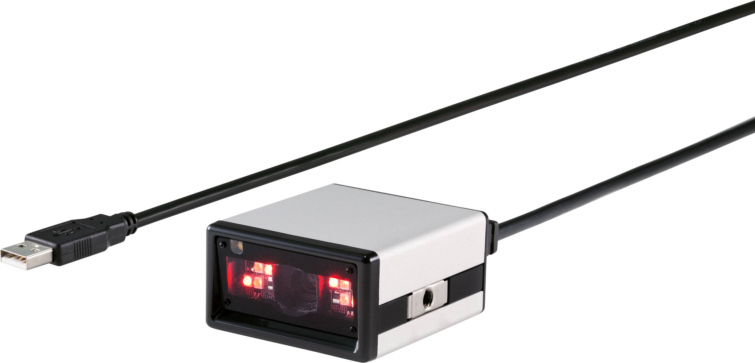 Un scanner carré avec un câble USB. Le scanner dispose de lumières LED rouges à l'avant et est adapté pour la lecture de codes-barres.