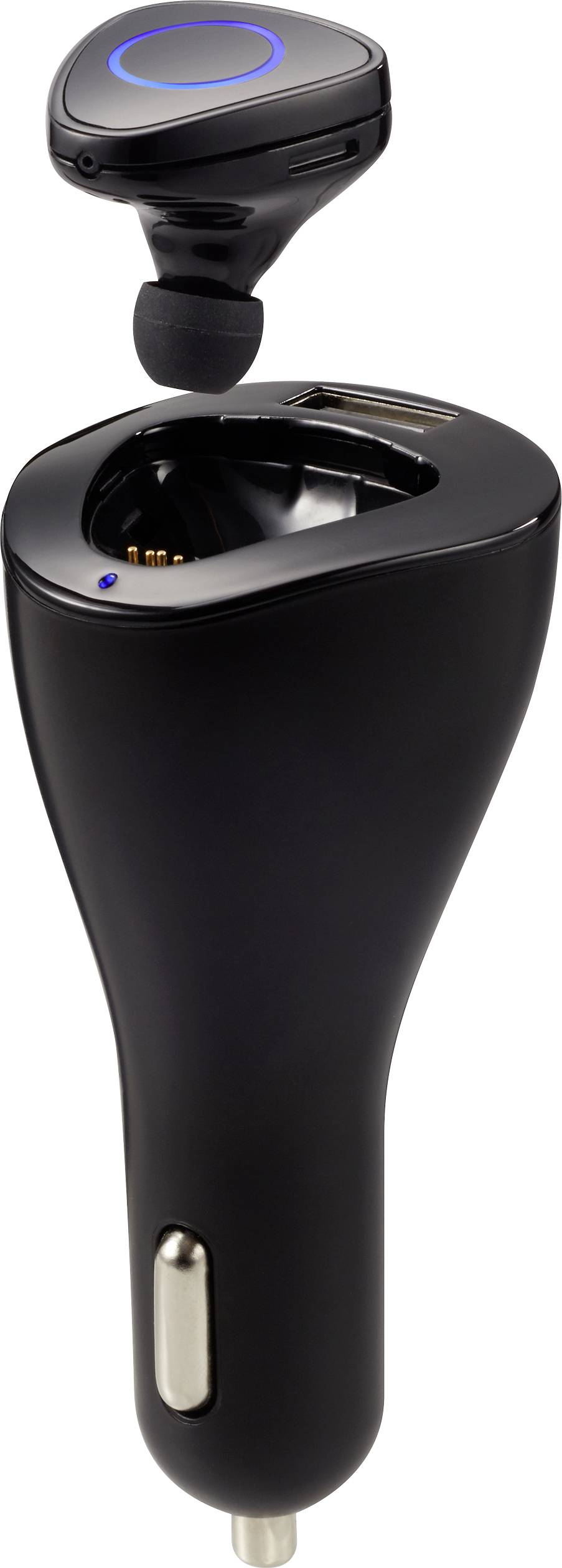 Écouteur sans fil noir avec boîtier de charge conçu comme un chargeur de voiture. L'écouteur dispose d'un anneau lumineux bleu.