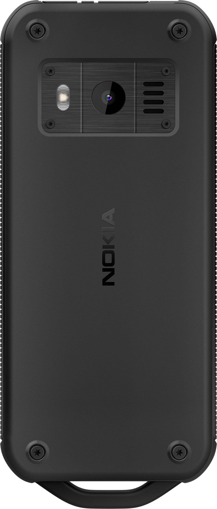 Dos d'un téléphone Nokia noir robuste avec caméra, flash et grille de haut-parleur en haut.