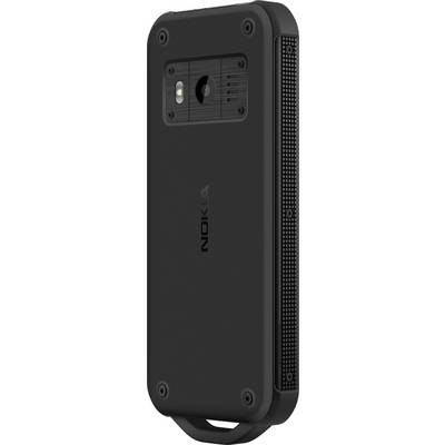 Un téléphone portable robuste noir de Nokia, doté d'un appareil photo arrière imposant et d'un bord latéral texturé, conçu pour les utilisations en extérieur.