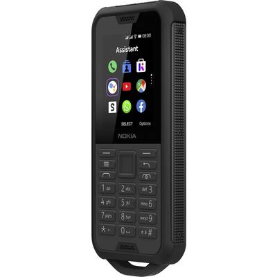 Un téléphone mobile Nokia robuste, noir, avec un clavier physique et un écran couleur affichant divers icônes d'applications.