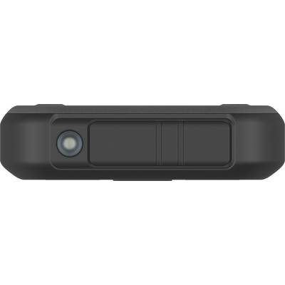 Appareil noir, rectangulaire, avec un objectif à gauche, probablement une caméra, sur un fond neutre.