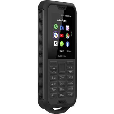 Un téléphone mobile robuste noir avec des touches et un petit écran, affichant différentes icônes d'applications.