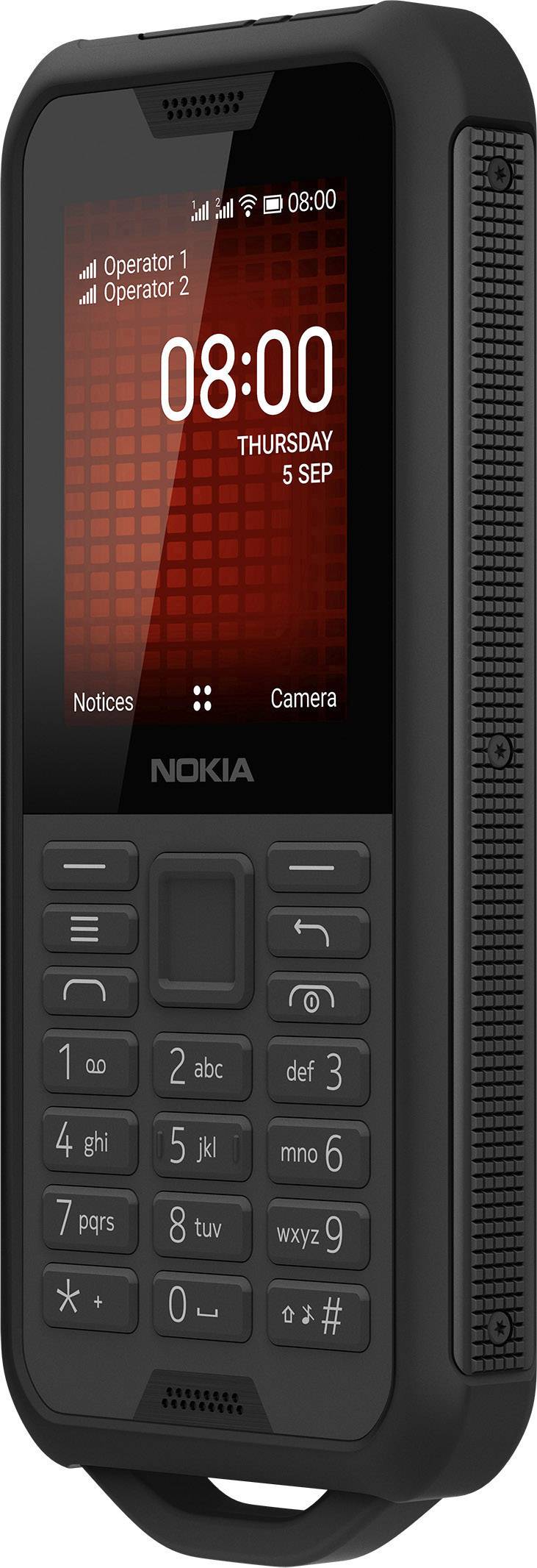 Téléphone portable simple avec écran et touches, affichant l'heure '08:00' et la date 'Jeudi 5 Sep', bordure noire, logo de marque visible.