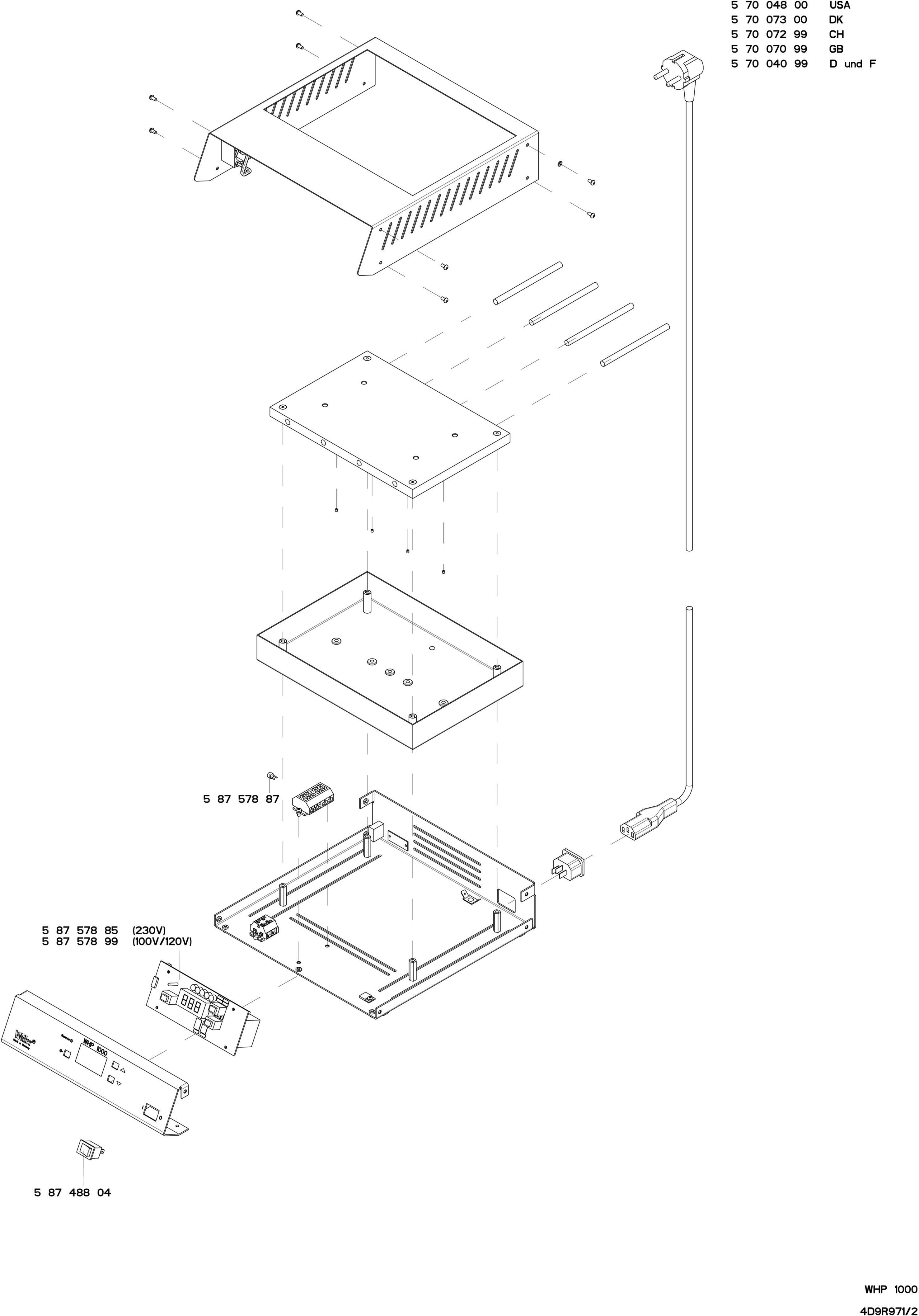 Écorché d'un appareil montrant les composants du boîtier, les vis et les câbles. Les annotations indiquent les numéros de pièces et la séquence de montage.
