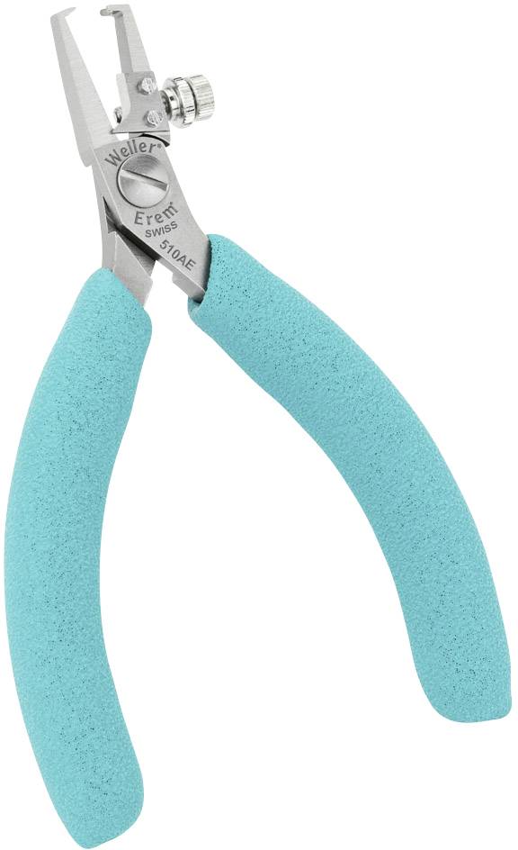 Pince avec poignées bleues. Elle possède une tête en métal avec une roue de réglage. Utilisée pour couper ou dénuder des câbles.