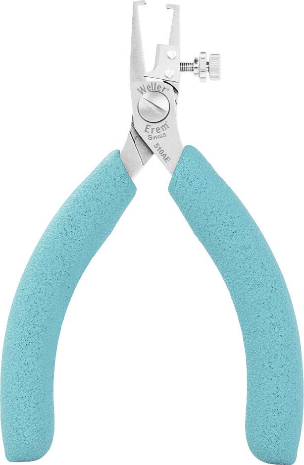 Une petite pince couleur aquamarine avec un mécanisme de serrage argenté à la tête, adaptée aux travaux électroniques de précision.