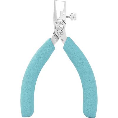 Une petite pince couleur aquamarine avec un mécanisme de serrage argenté à la tête, adaptée aux travaux électroniques de précision.