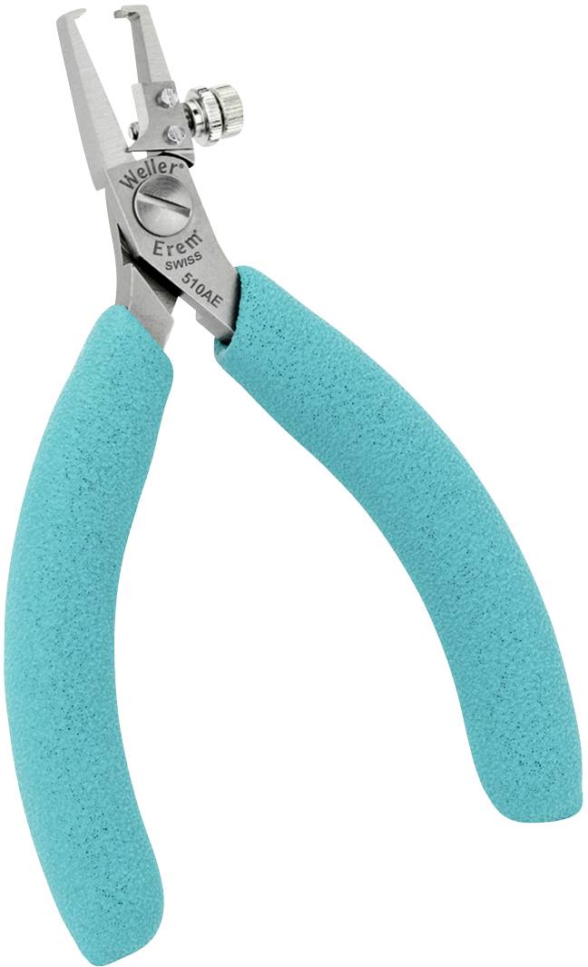 Pince avec poignées turquoise et parties métalliques en argent, adaptée aux travaux électroniques ou de précision.