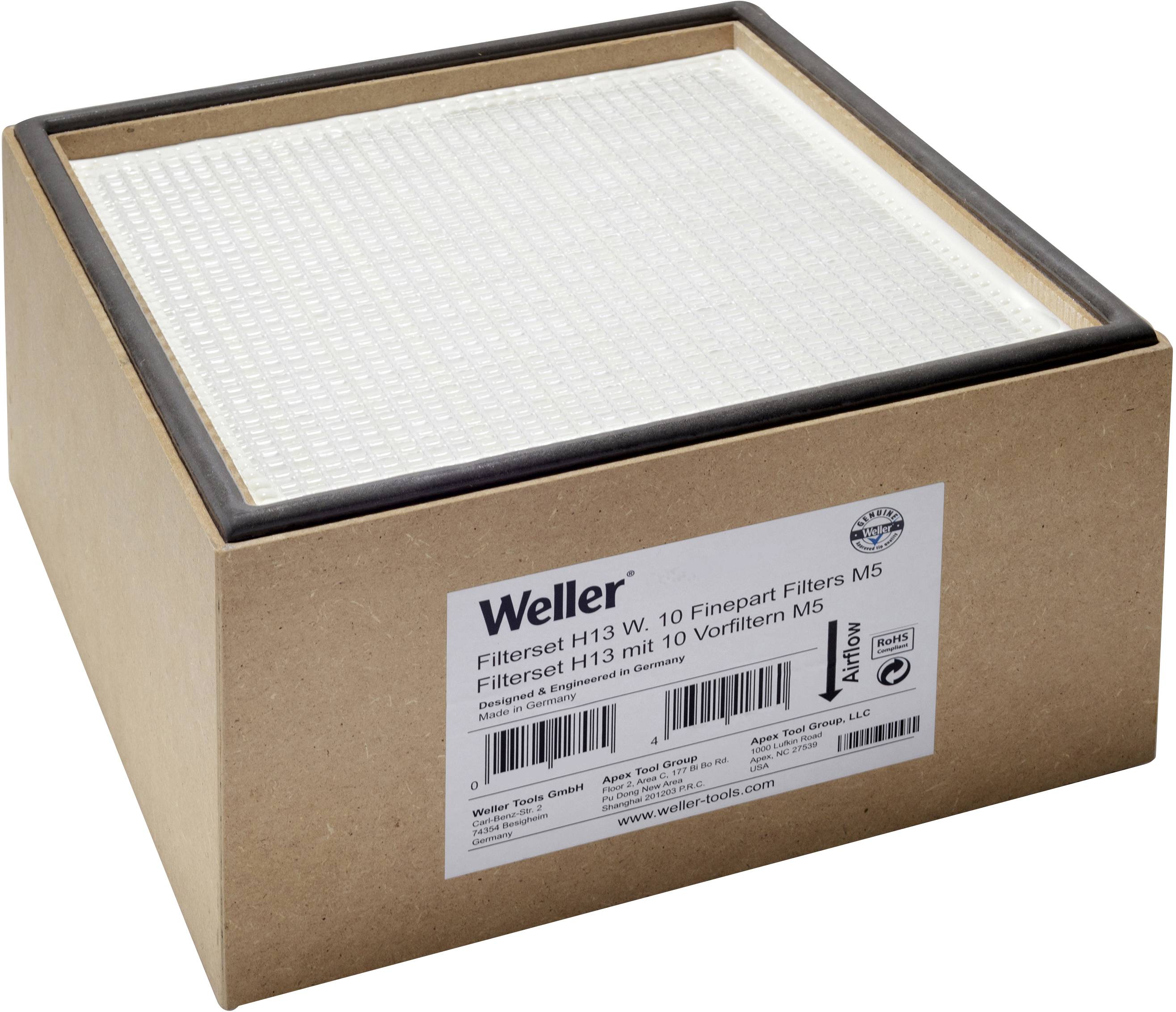 Un ensemble de filtres Weller avec filtre à particules fines H13 et préfiltre M5, emballé dans un carton brun, étiquette visible à l'avant.