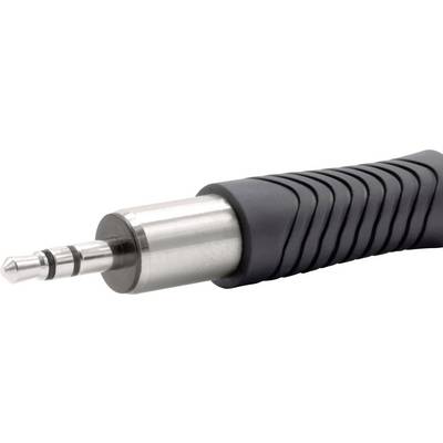 Gros plan d'une prise jack 3,5 mm, principalement métallique avec un revêtement en plastique noir strié.