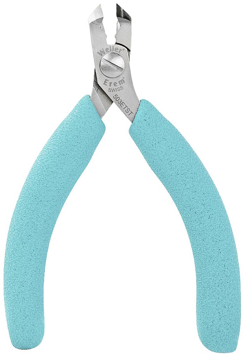 Pince avec poignées bleues rembourrées et lames en métal argenté, adaptée pour la coupe précise de fils.