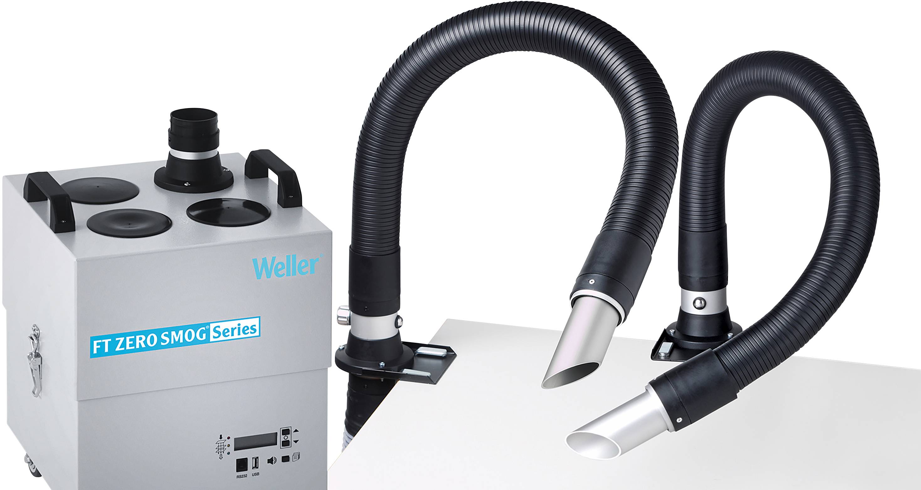 Dispositif d'aspiration équipé de deux tuyaux flexibles pour l'élimination des fumées et des vapeurs, adapté à une utilisation dans des environnements de travail.