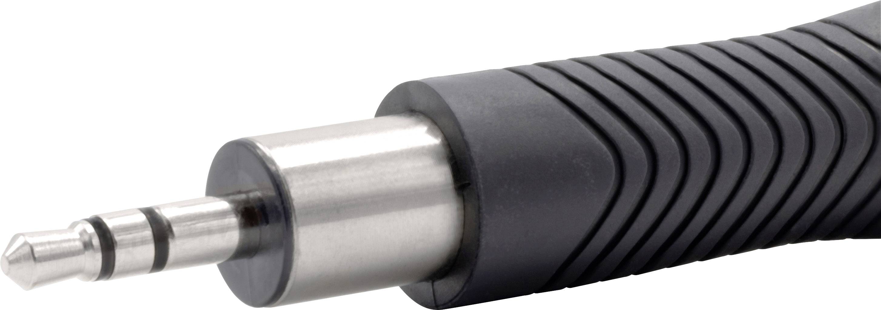 Un connecteur jack métallique avec une poignée en plastique noir rainurée, conçu pour les connexions audio, vue rapprochée.