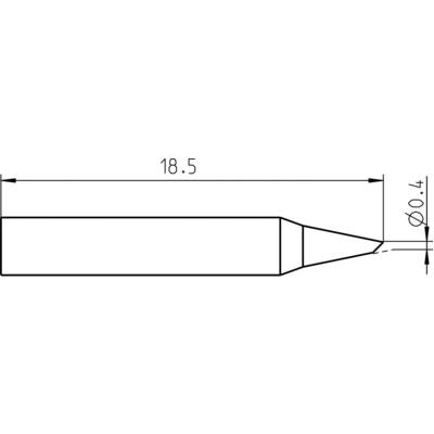 Diagramme de pointe de fer à souder avec les dimensions : longueur 18,5 mm, diamètre de la pointe 0,4 mm.