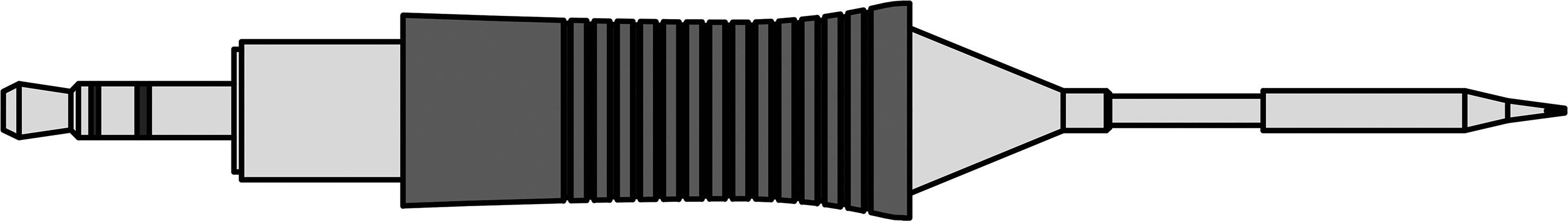 Un diagramme noir et blanc d'un composant ressemblant à une antenne, composé de plusieurs sections, avec une partie médiane rainurée et des extrémités pointues.