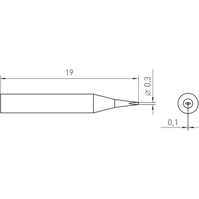 Dessin technique d'une pointe de fer à souder avec dimensions : Longueur 19 mm, diamètre de la pointe 0,3 mm, vue latérale montrant une pointe ronde.