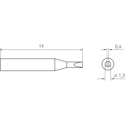 Dessin technique d'un embout de fer à souder, longueur 19 mm, diamètre 1,3 mm, pointe large de 0,4 mm.