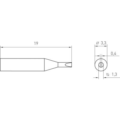 'Vue latérale et frontale d'un embout de tournevis avec indications de longueur : Longueur totale 19 mm, diamètre 3,3 mm, profondeur de fente 0,4 mm.'