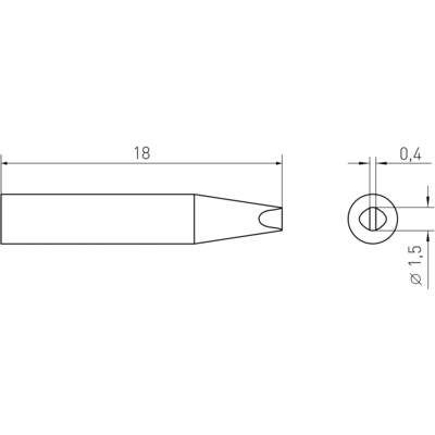 Dessin technique d'un outil cylindrique, longueur 18 mm, pointe de 1,5 mm de diamètre, ouverture de 0,4 mm. Vue de dessus et vue latérale.